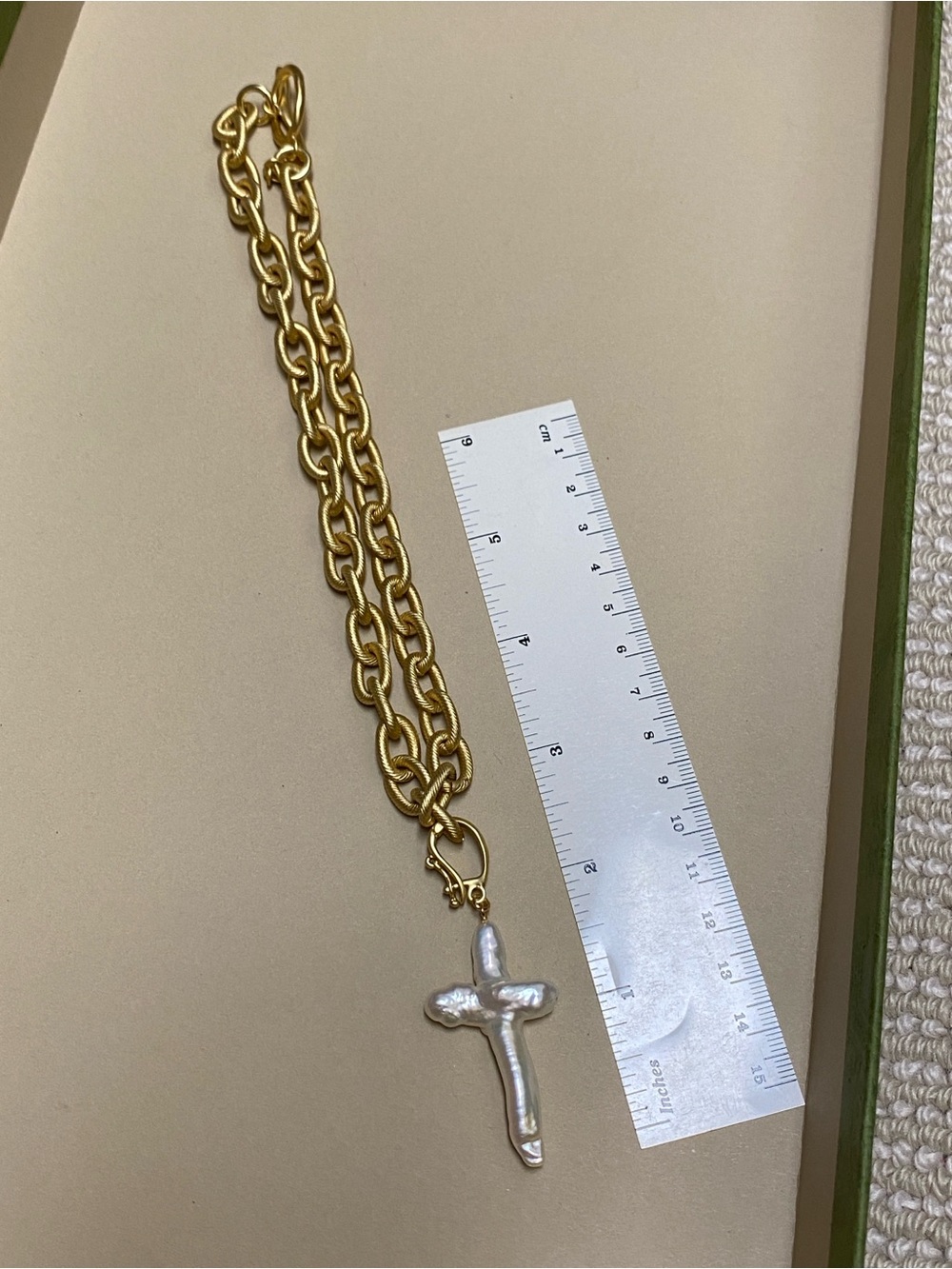 Gold Chain Necklace with White Baroque Pearl Cross Pendant - Picture 4 of 5